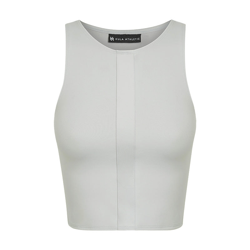 Image of grey crop top with contrast panel details, front view