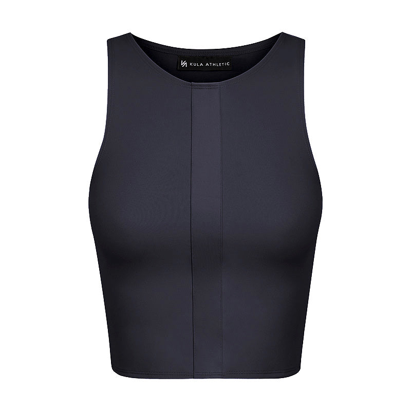 Image of navy blue sports crop top front view
