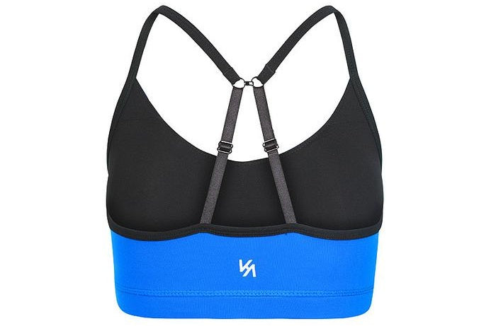 Blue sports bra crop top with black straps and white logo printed at back